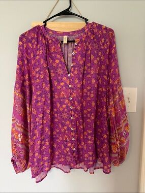 Spell Purple & Yellow Floral Button-Up Boho Blouse